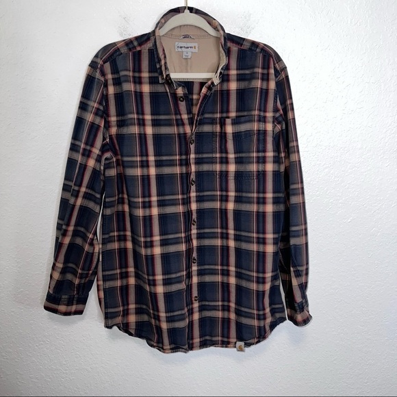 Carhartt Shirt Mens Medium Plaid Blue Tan Button down Flannel Relaxed Fit H - Picture 1 of 7